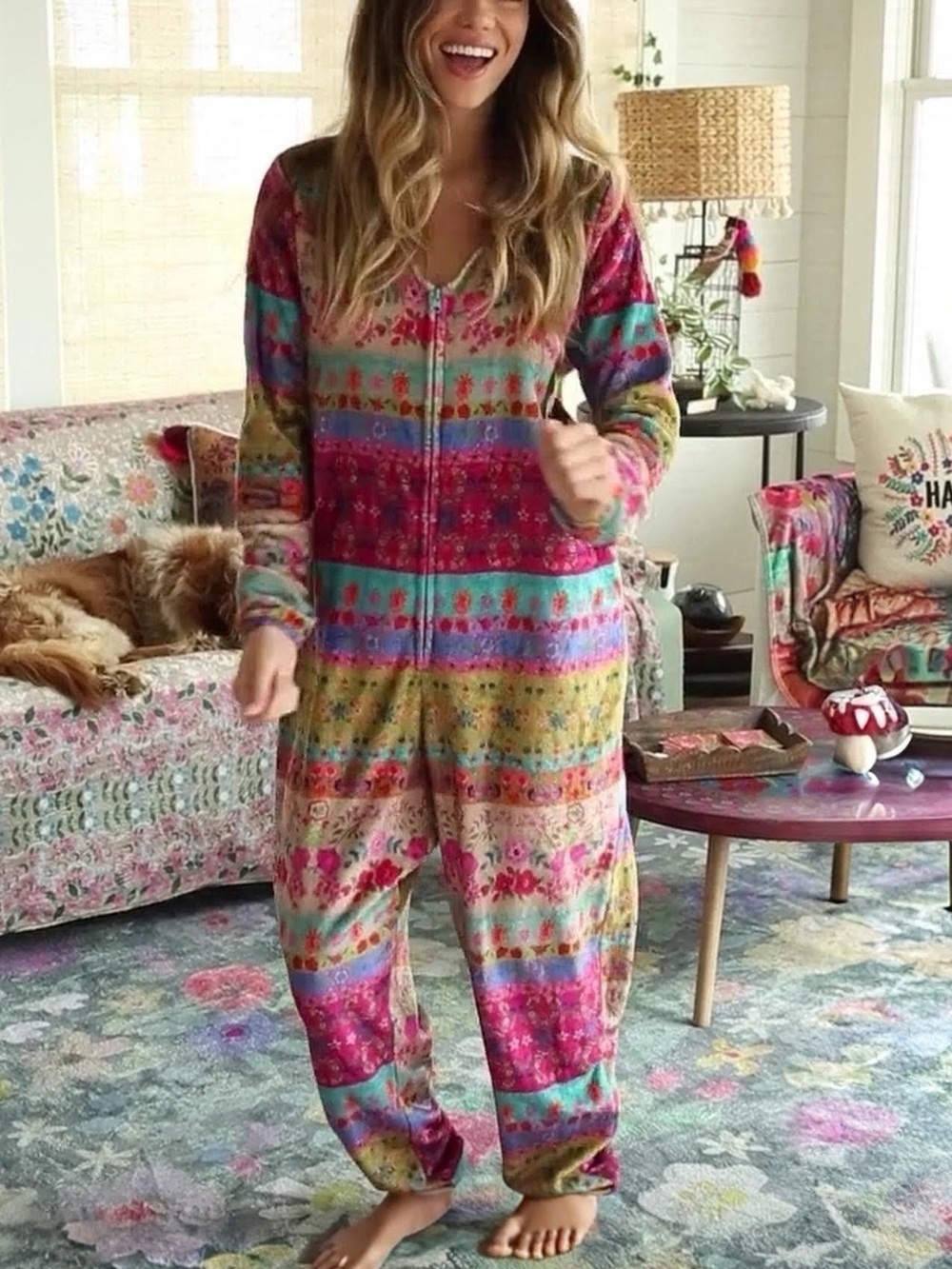 NATURAL LIFE Bright Multicolor Striped Floral Fleece Oversized Onesie Jumpsuit
